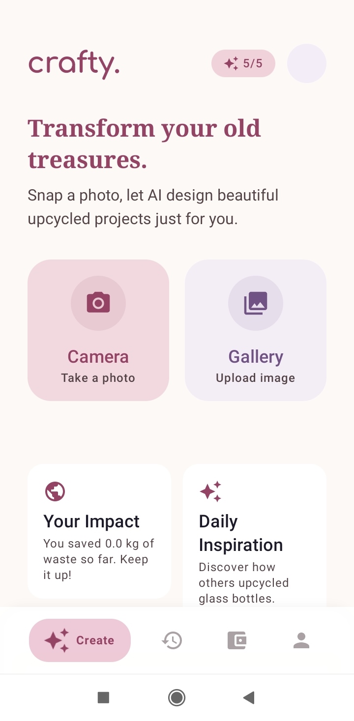 Crafty AI Home Screen — crafty. ana ekranı, fotoğraf çek veya galeriden yükle