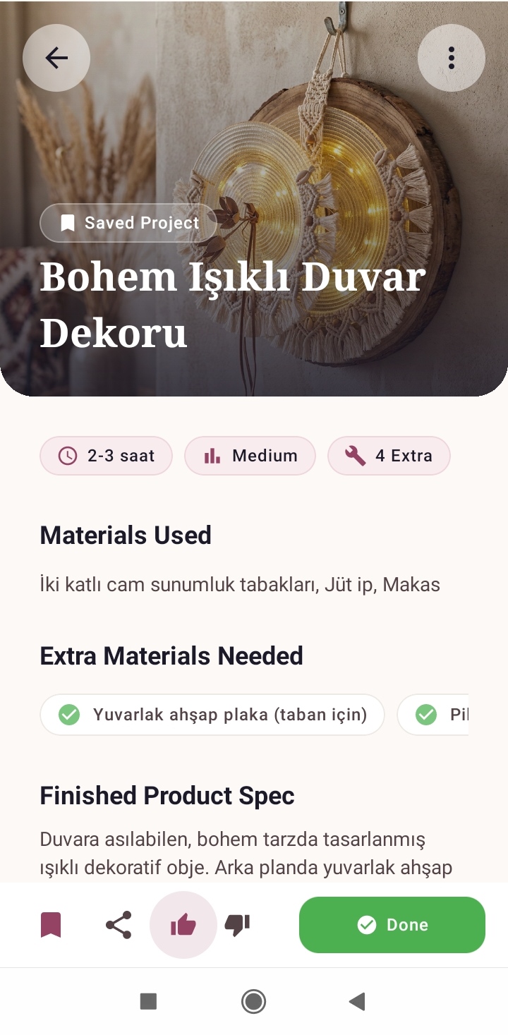 Crafty AI Project Detail — Bohem Işıklı Duvar Dekoru proje detayları