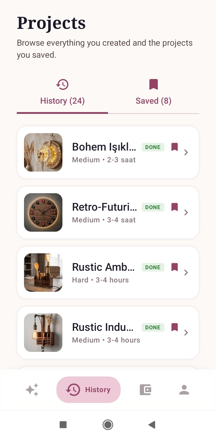 Crafty AI Projects History — Tüm projelerini ve kayıtlarını listele